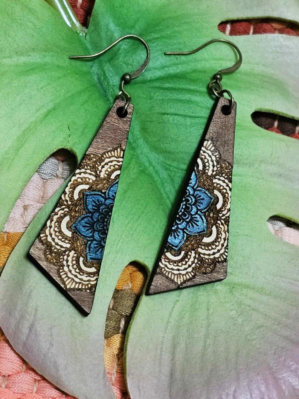 Boho Turquoise Ivory Mandala Statement Wood Earrings Geometric Dangle Pierced - Picture 8 of 11